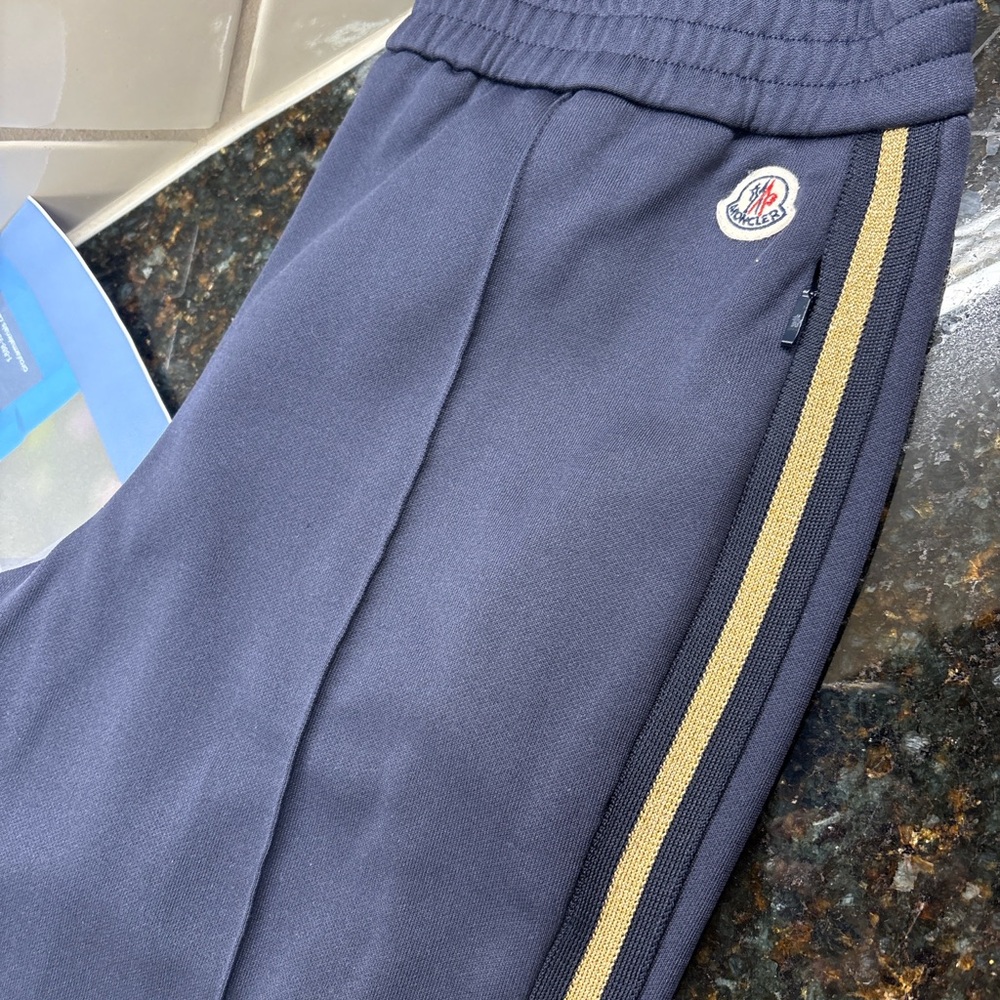 Moncler Kids Blue Joggers with Gold Stripe
